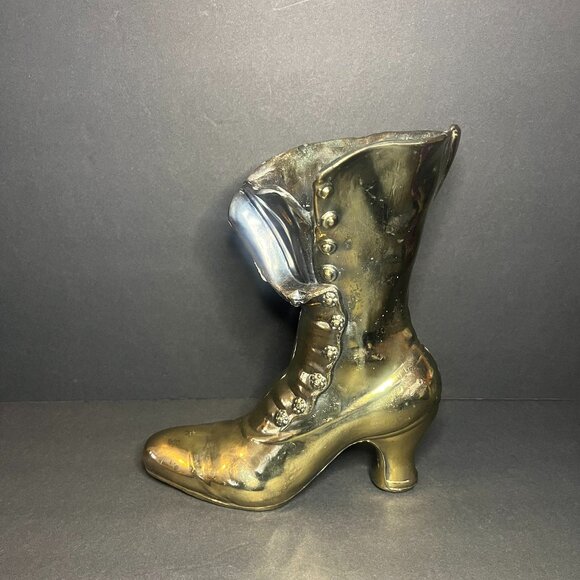 Vintage Victorian Cast Iron Brass-Plated Decorative Ladies Boot Planter Vase - Picture 1 of 7